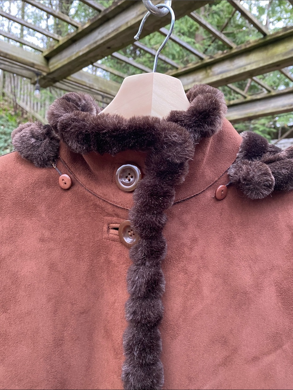 Brown Faux-Suede Long Coat with Faux-Fur Trim, Faux Fur Lining, Removable Hood. - Picture 3 of 9